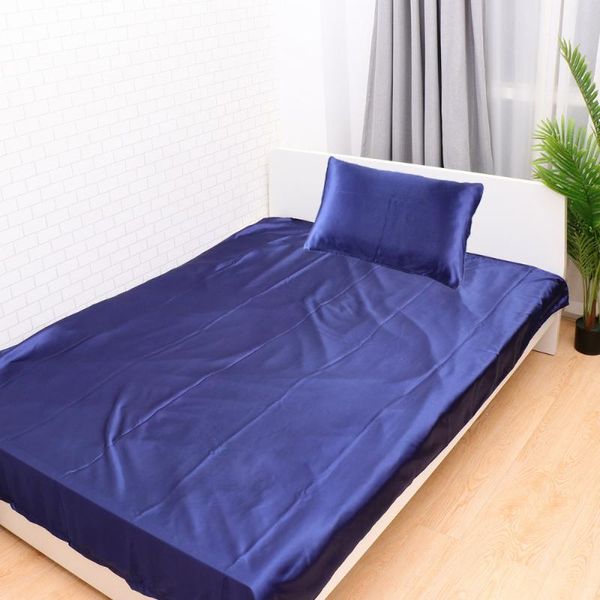 

1 set synthetic silk bed sheet solid color flat sheet soft mattress cover for home bedroom decoration (blue