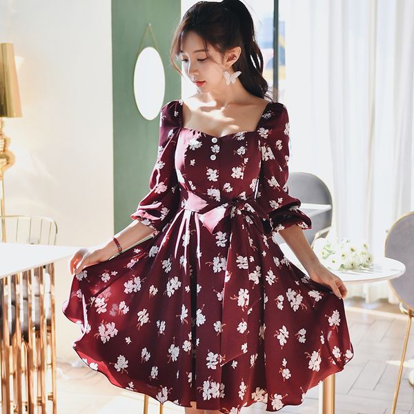 

casual dresses dabuwawa burgundy square neck floral print vintage dress women lantern sleeve fit and flare button front female dt1adr040, Black;gray