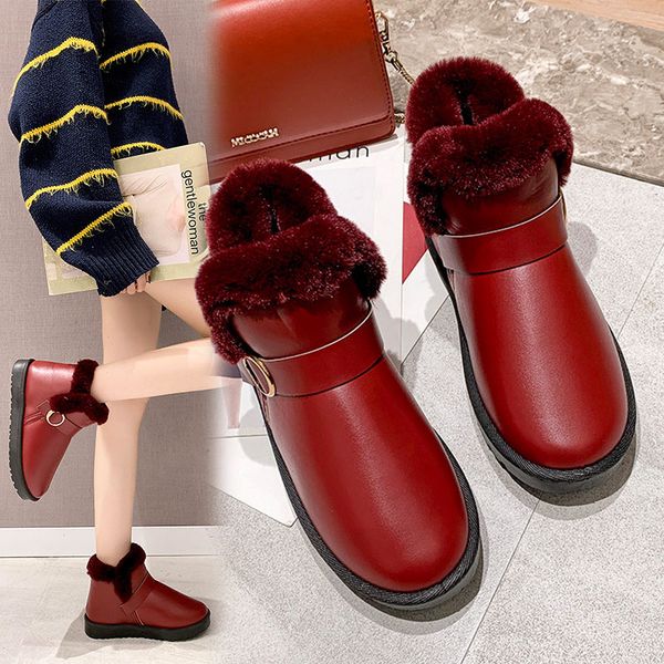 

women warm snow boots winter ankle boot pu leather winter boots women waterproof booties femme hiver 2020, Black