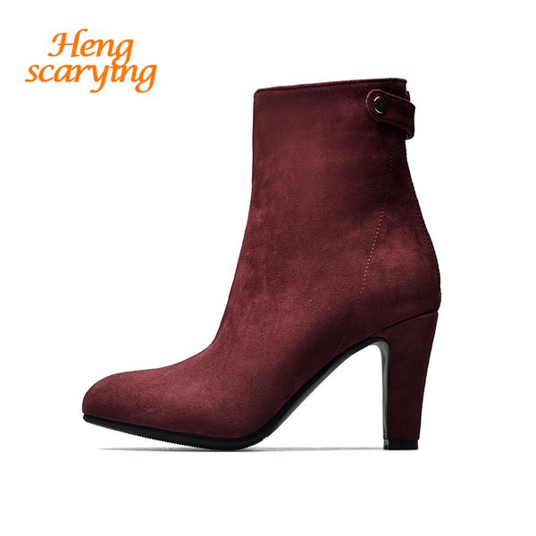 

2018 plus size 47 fashion women 8cm high heels ankle boots fetish burgundy block heels winter scarpins boots suede shoes, Black