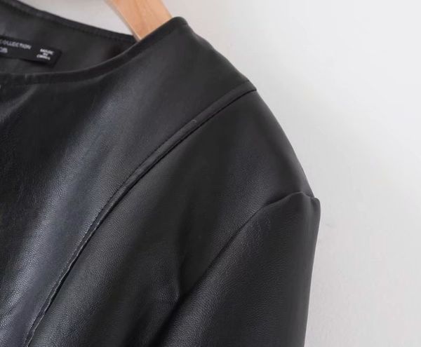

2019 women vintage o neck pu leather jacket ladies long sleeve zipper pockets outwear coat casual slim ct298, Black;brown
