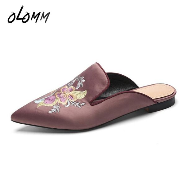 

spring autumn outdoor women slippers silk genuine leather inside shoes mules fashion casual pointed toe flat heels embroider, Black