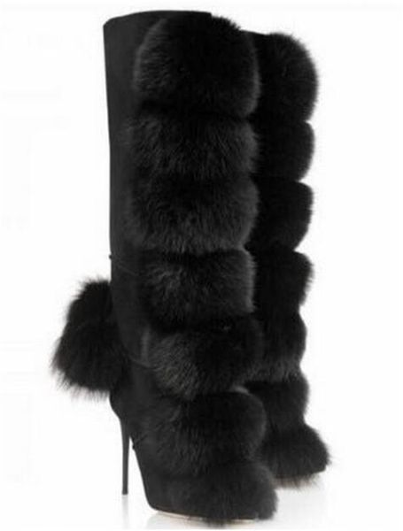 Мода Round Роскошные женщины -женщины Черный замшевый кожаный мех колено шпильча