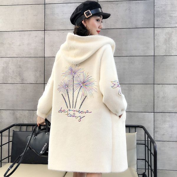 

2019womens cardigan coat soft velvet sweaters new faux velvet hooded thicken jacket hooded women autumn applique knitted sweater, White