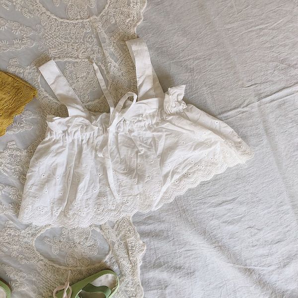 

new spring summer 2020 korean style cotton hollow baby girls straps vests ruffles sleeveless pure color toddlers kids smock, Blue