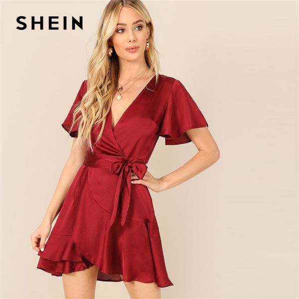 

шеин бургундия белл sleeve split назад belted v-образным вырезом wrap stain лето платье партии женщины solid fit и flare ruffle платья, Black;gray