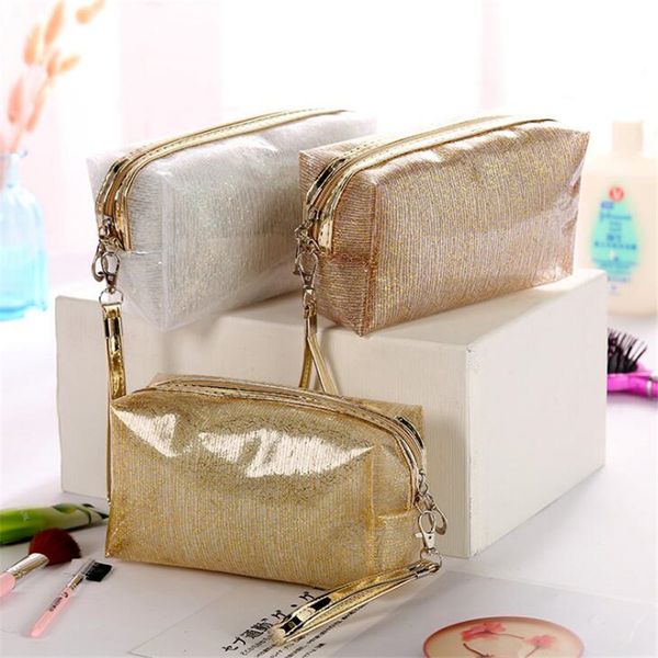 

women's creative cosmetic bag gold silk transparent makeup bag fashion travel organizer bags pu sequin clutch