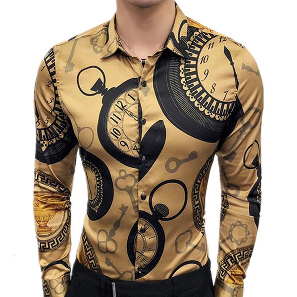 

fashion long sleeved shirt mens clock digital printing lapel slim personality trend shirt two colors 6xl, White;black