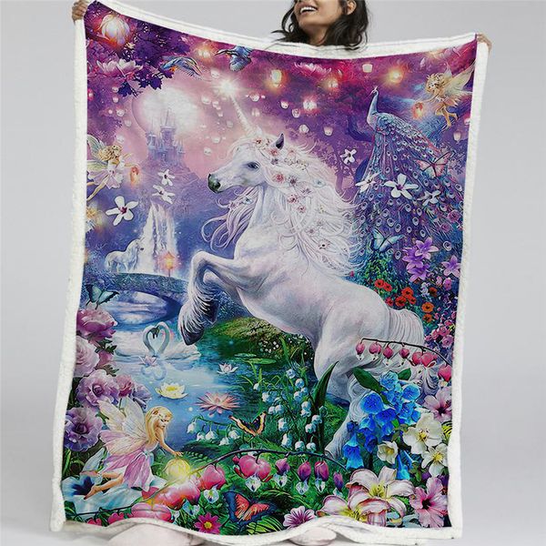 

hm life sherpa blanket unicorn fairy printing bedspread animal floral dreamy wonderland throw blanket elf castle kid thin quilt