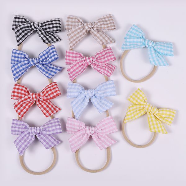 

10 pcs plaid cotton bows nylon headbands seamless baby girls knotbows nylon hairbands head wear, Slivery;white