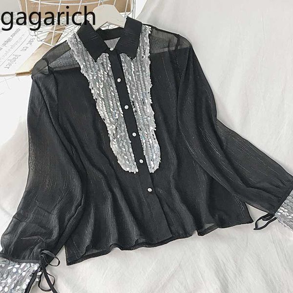 

gagarich women spring long sleeve lady turn down collar single breasted chiffon shirts sequin lace up korean elegant blouse, White