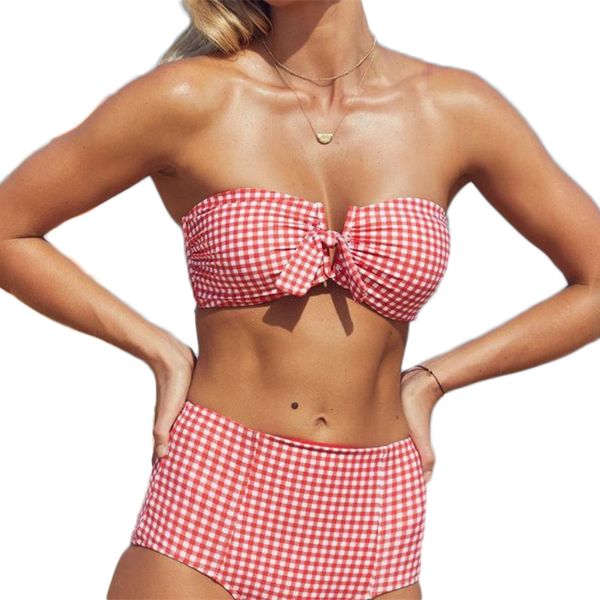 

ready to ship red plaid bikini high waist tie front