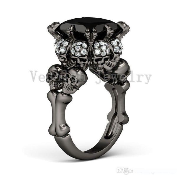 

vecalon antique skull jewelry 3ct black cz diamond wedding band ring set for women 14kt black gold filled female finger ring, Slivery;golden