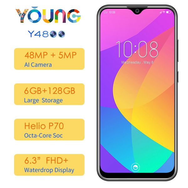 

6gb 128gb oukitel y4800 4g lte octa core android 9.0 6.3" waterdrop full screen 2340*1080 fhd+ face id fingerprint 48mp 2 cameras smartphone