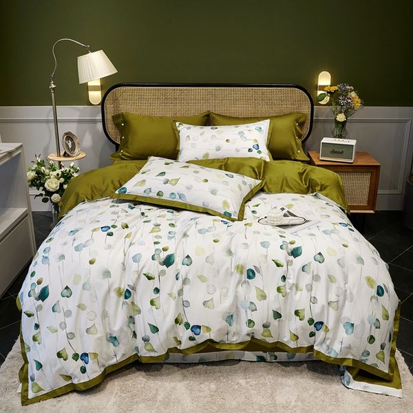 

tutubird egyptian cotton european bedclothes bed linen leaf print pastoral style satin duvet cover king  bedspread