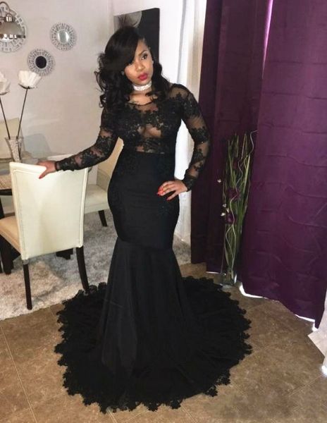 

black lace mermaid prom dresses long sleeve illusion bodice appliques floor length evening party formal occasion gowns custom size