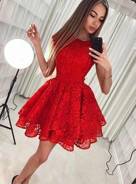 

pretty red lace graduation homecoming dress jewel neck a line pleated short prom dress party cocktail gowns, Blue;red
