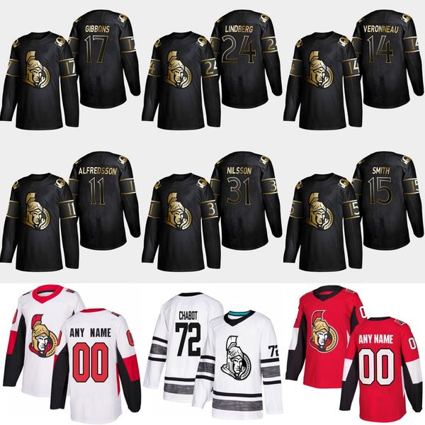 

24 Oscar Lindberg 2019 Gold Black Ottawa Senators Mark Stone Anders Nilsson Brian Gibbons Zack Smith Max Veronneau Daniel Alfredsson Jersey