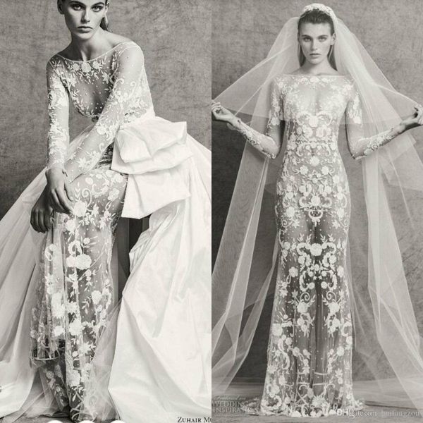 

zuhair murad 2018 fall wedding dress illusion sheer bateau neckline lace applique bridal gowns with satin detachable train, White