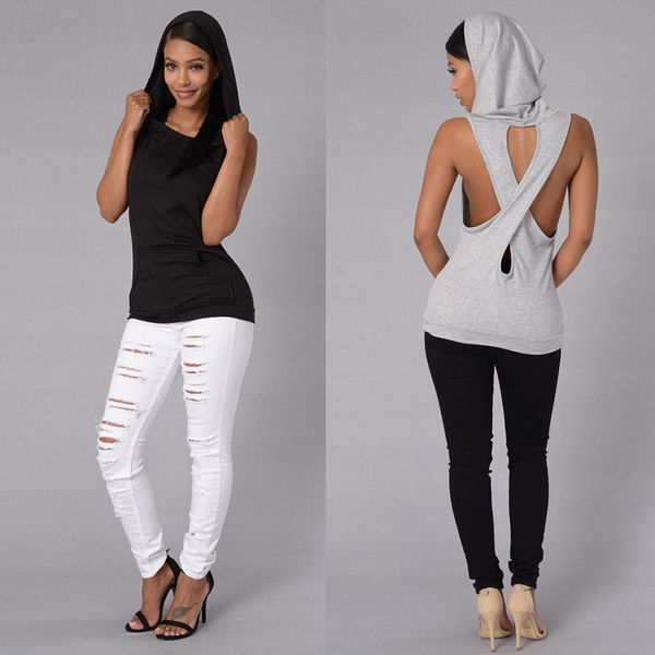 

мода женщины топы с капюшоном назад cross hollow street wear gym фитнес спорт рукавов жилет бег обучение моды рукавов рубашки, Black;white