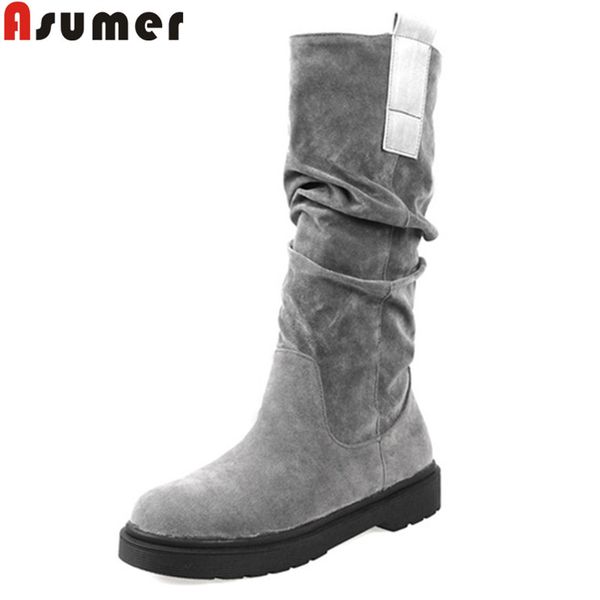 

asumer big size 34-43 fashion mid calf boots women round toe low heels flock ladies boots casual slip on autumn winter, Black