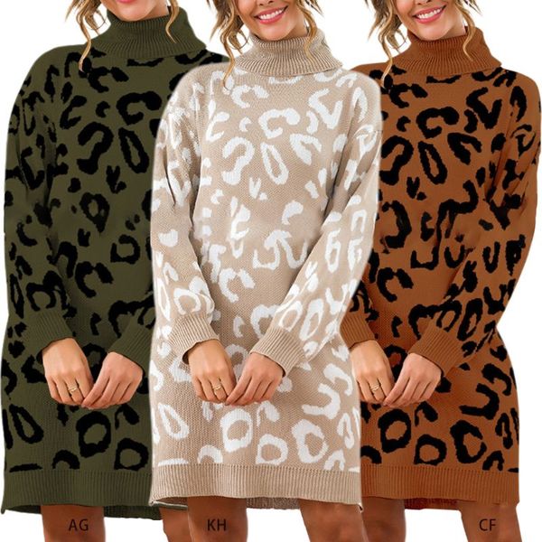 

women lantern sleeve leopard printed turtleneck sweater dress lady chunky knitted causal loose pullover long jumper tunic, White;black