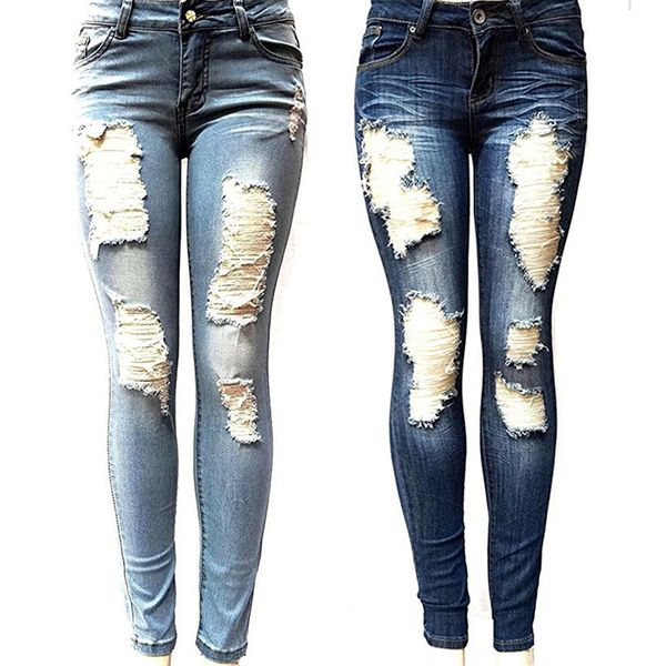 

s-xxl women's skinny hole ripped jeans new fashion women baggar pants boyfriend denim biker jeans female pencil pants softener, Blue