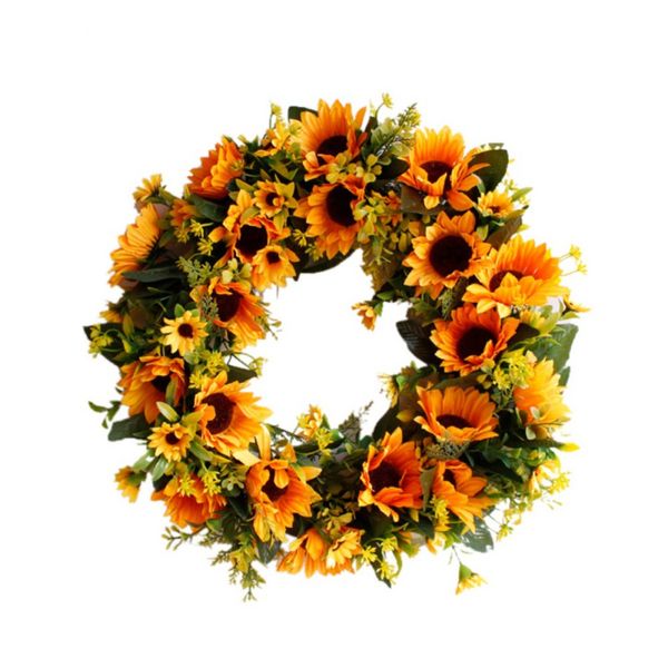 

1pc decorative artificial flower wreath garland with yellow sunflower and green leaves front door window wedding decorations