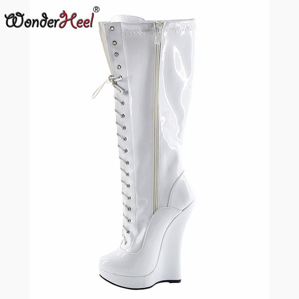 

wonderheel patent white extreme high heel " wedges heel with 3cm platform wedge knee high boots fashion women boots, Black