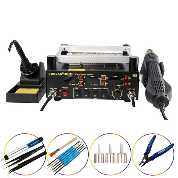 

air heat gun gordak 863 3 in 1 bga rework solder station + electric soldering iron + ir infrared preheating station