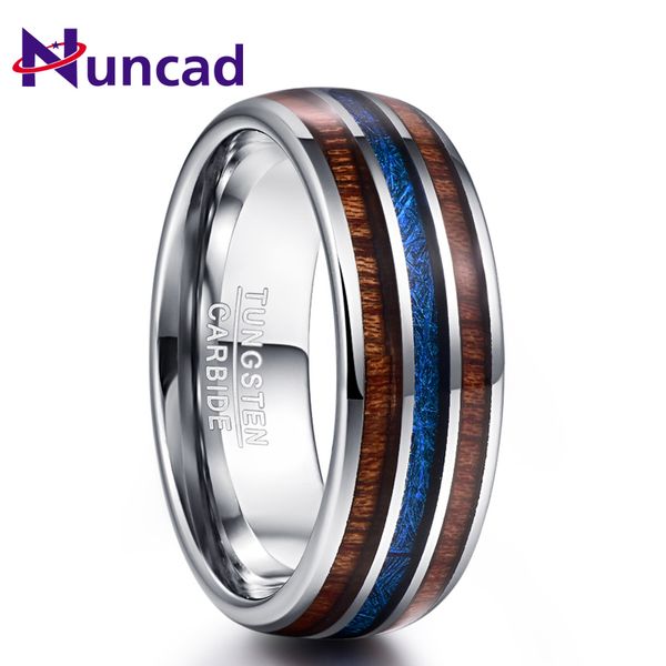 

nuncad polished 8mm hawaiian koa wood men ring full size wedding bands blue imitation vermiculite 100% tungsten carbide ring, Golden;silver