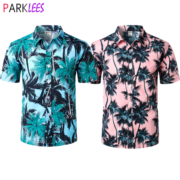 

funky hawaiian beach wear shirt men short sleeve fashion palm tree print shirts casual button down party vacation outfit, White;black