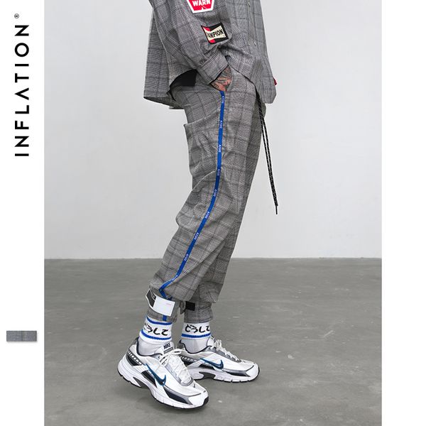 

2019 inflation check sweatpants side blue tape casual pants plaid ankle banded pants streetwear hip hop men's trousers outfit 8874w, Black