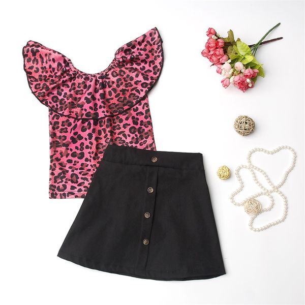 

2pcs toddler baby girl leopard off shoulder +skirt dress summer outfit set, White