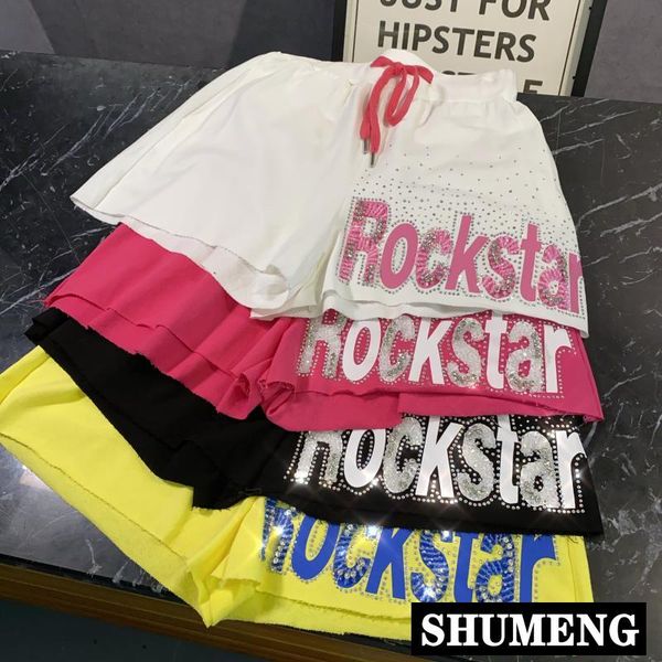 

2020 summer new graffiti letters rhinestone shorts students candy color diamond-drawstring leisure loose sports shorts femme, White;black