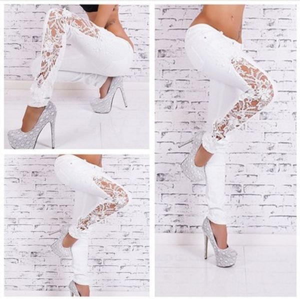 

women jeans patchwork lace floral skinny jeans hollow out casual trousers women denim pencil pant high waist pants black, Blue