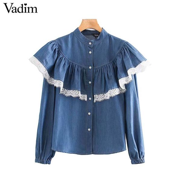 

vadim женщина сладкое кружево лоскутной блузка с длинным рукавом оборками милых рубашек женщина вскользь плиссированной шикарными топами blu, White