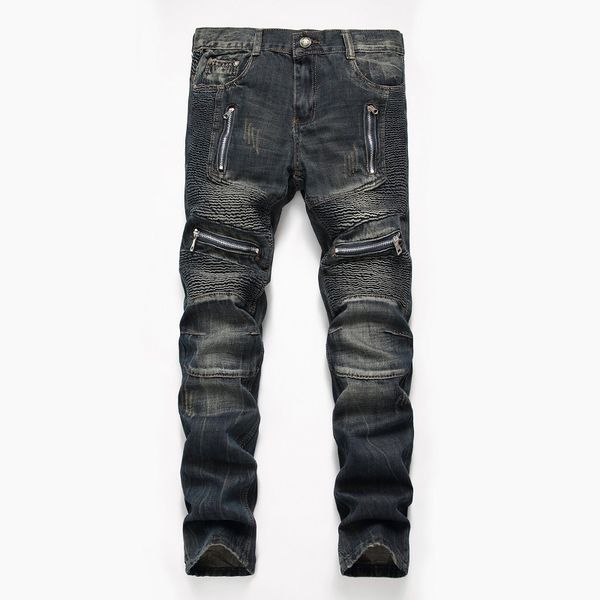 

mens vintage biker jeans pants pleated retro motorcycle denim trousers high street zipper jeans plus size 29-42 straight fit, Blue