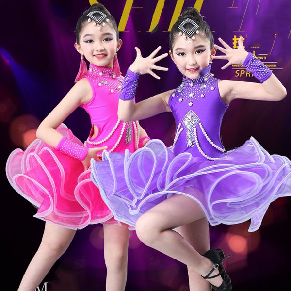 

2019 new design girls latin dance dresses performance clothing purple professional latin dress stage dance clothes for kids, Black;red