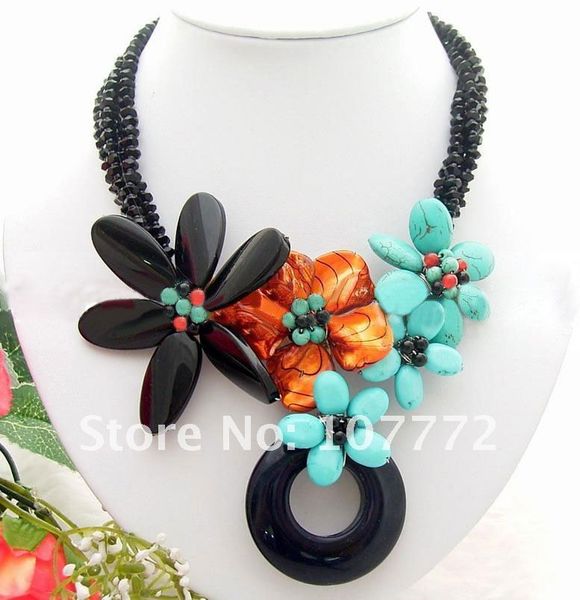 

onyx&blue semi-precious stone&shell necklace, Silver