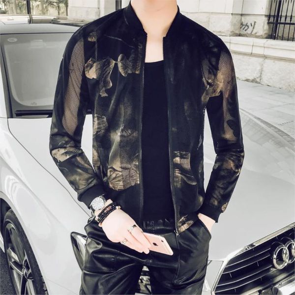 

summer thin jackets men floral hollow breathable slim fit bomber jacket sun protection clothing stage street outwear coats, Black;brown