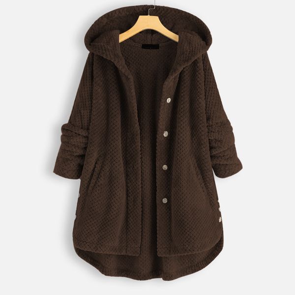 

hooded plush coat plus size women fleece irregular button long sleeve long overcoat vintage women coat abrigos mujer invierno, Black