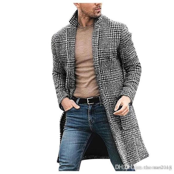 

men wool coat trench jacket casual winter fashion warm long-sleeved gentleman pockets cotton long coat jacket, Black