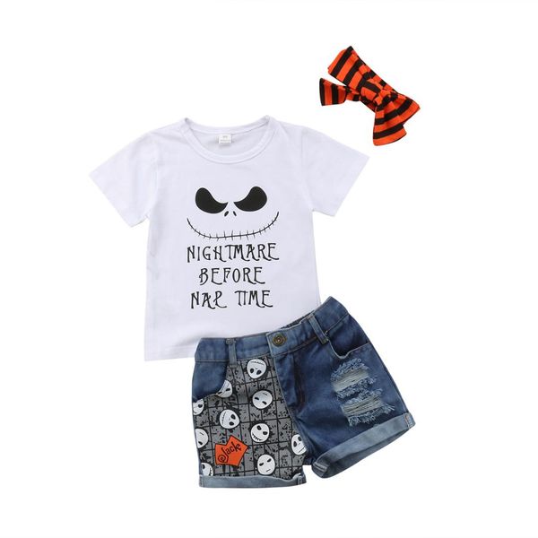 

toddler baby girls summer lovely halloween clothes sets 3pcs short sleeve print white t-shirts +denim shorts+headband