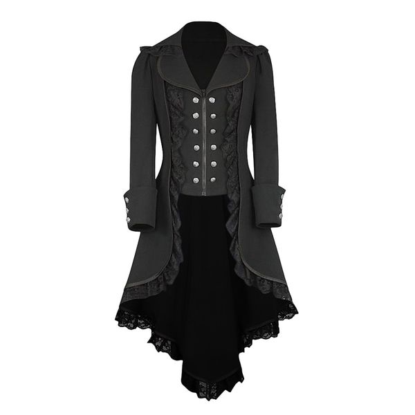 

women jacket fashion ladies long sleeve retro lace trim button up vintage irregular tailcoat outwear, Black;brown