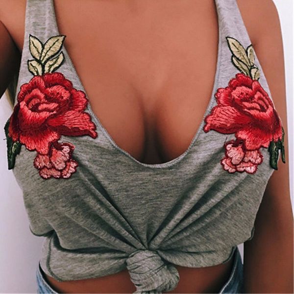 

fashion black tank women cotton floral patch in embroidery vest deep v neck sleeveless summer beachwear white