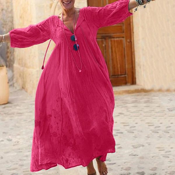 

cover-ups 2021 summer bohemian sundress womens holiday v neck loose dress ladies long sleeve solid color maxi beach party