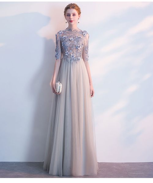 

gray see though prom dress long high neck short sleeve formal evening gowns with hand made flowers arabic party dresses, Black
