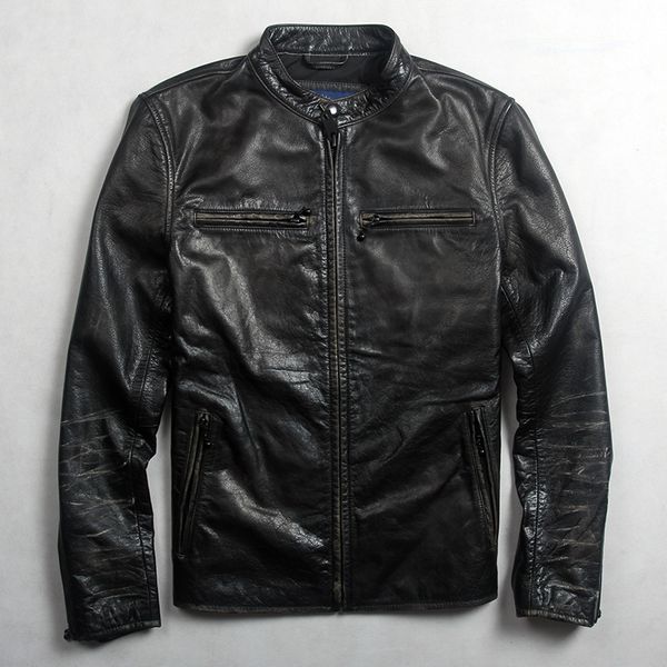 

avirexmen 2017 men's vintage genuine leather jackets fashion real leather jacket male slim fit cowskin motorcycle biker jacket, Black