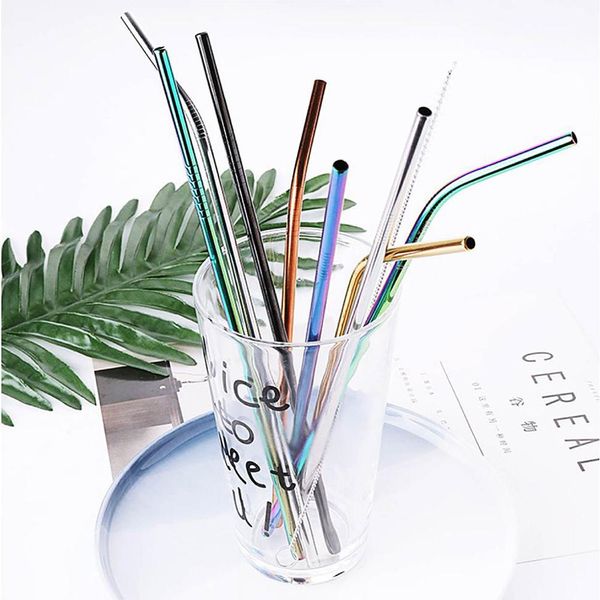 

10 piece suit reusable drinks metal stainless steel straws multi-color eco friendly cold beverage utensils & 2pcs brush set